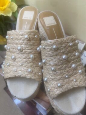 Dolce Vita Cream Woven Pearl-Embellished Platform Mules